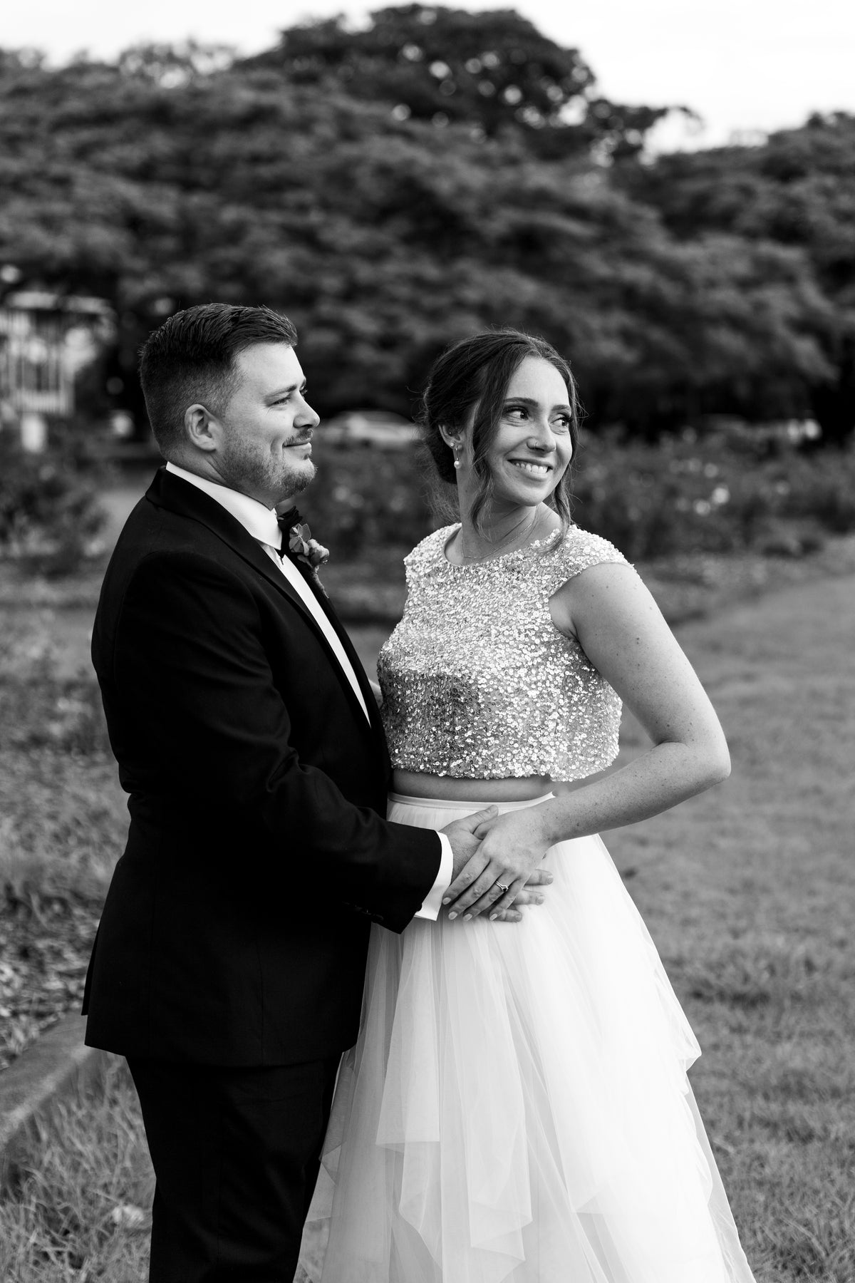 Bride in altered wedding gown